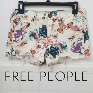 Free People Floral Denim Cutoff Shorts Turquoise Combo 26